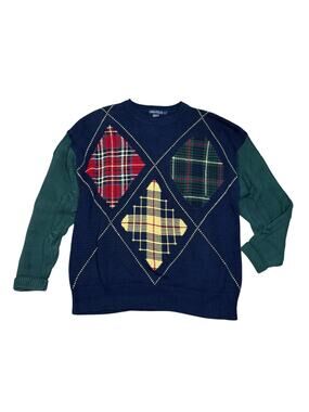 Vintage Retro 90s Nautica Plaid Argyle Cable Knit Sweater Men's Large